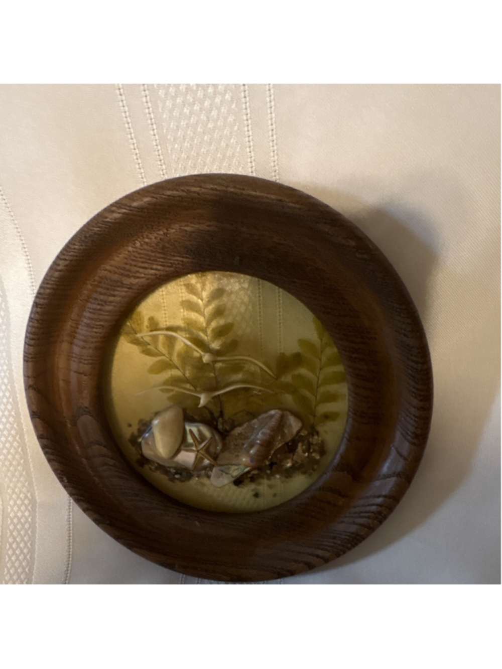 Decorative Wall Art with Seashells, Birds, Plants in Brown Yellow Wooden Frame